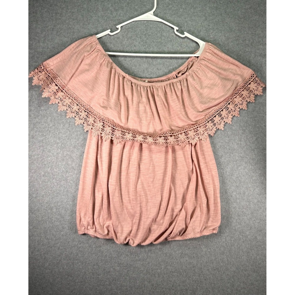 Paper Tee Blouse Top Womens 1X Pink Off the Shoulder Crochet Lace Pullover Party